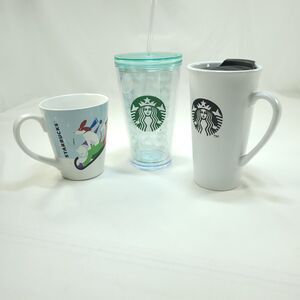 Starbucks Cups Lot of 3 1-16oz Plastic Cupw/ Lid, 1-10oz Mug, 1-12oz Coffee Cup